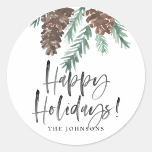Pinecone Watercolor Happy Holidays Family Name Classic Round Sticker
