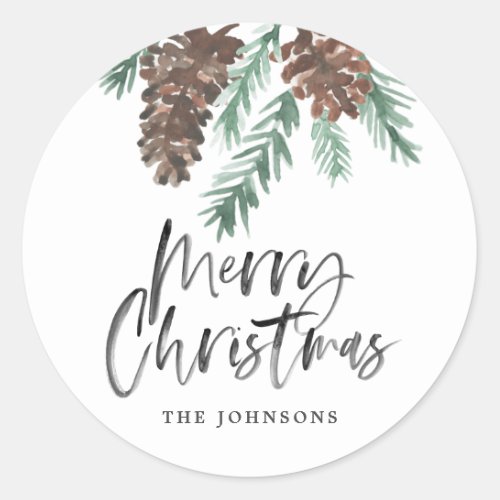Pinecone Watercolor Merry Christmas Classic Round Sticker