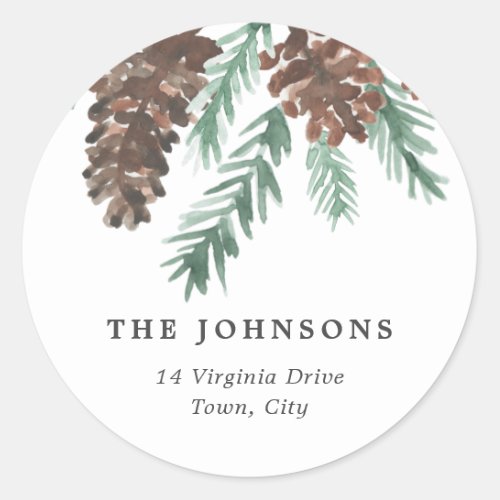 Pinecone Watercolor Return Address Classic Round Sticker