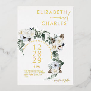 Pinecone Winter Greenery White Floral Wedding Foil Invitation