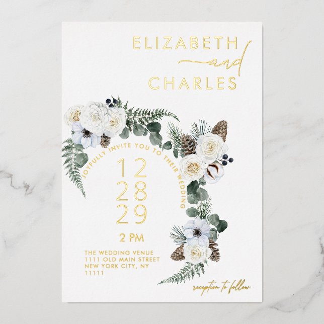 Pinecone Winter Greenery White Floral Wedding Foil Invitation (Front)