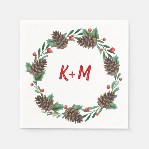 Pinecone Wreath Berry Christmas Wedding Monogram Napkins