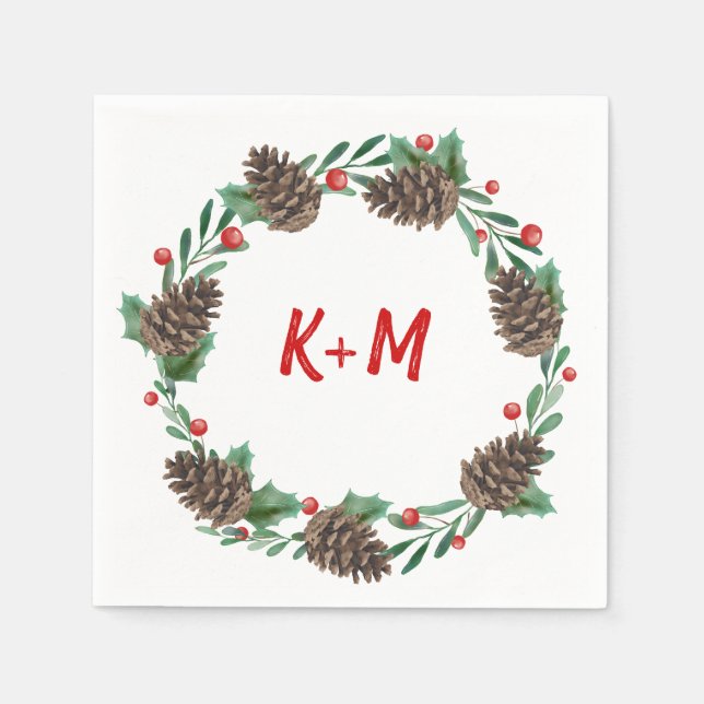 Pinecone Wreath Berry Christmas Wedding Monogram Napkins (Front)