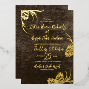 Pinecones and Barn Wood Foil Invitation