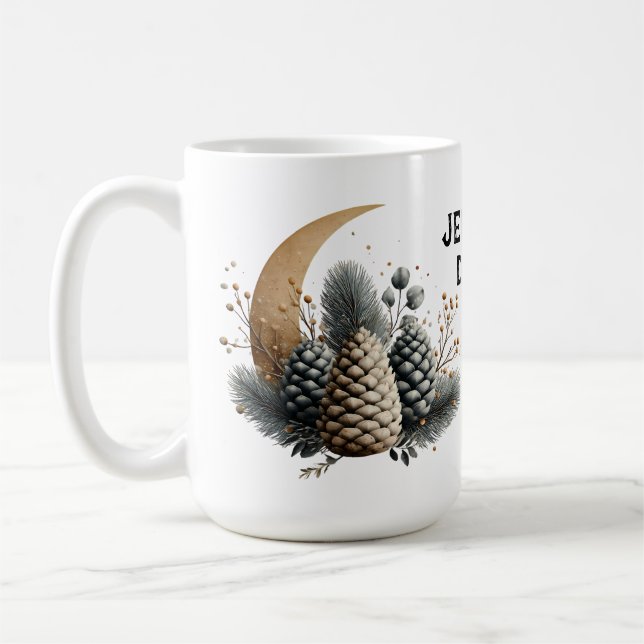 Pinecones and Crescent Moon Winter Love Coffee Mug (Left)
