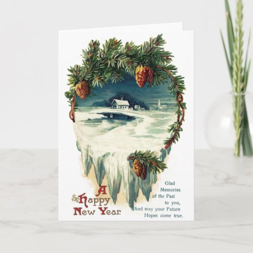 Pinecones and Winter Vignette Vintage New Year Holiday Card