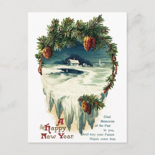 Pinecones and Winter Vignette Vintage New Year Holiday Postcard