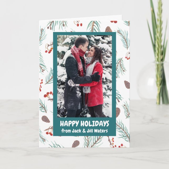 Pinecones Berries Winter CUSTOM PHOTO Holiday Card (Front)