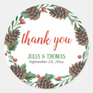 Pinecones Berry Christmas   Wedding Thank You Classic Round Sticker