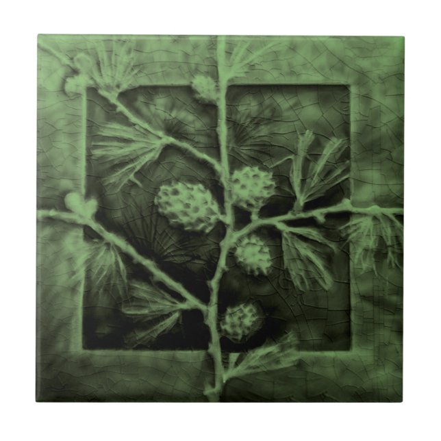 Pinecones Branches Green Faux Relief Antique Repro Ceramic Tile (Front)