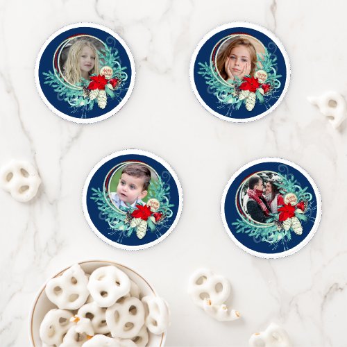 Pinecones Evergreens and Red Ribbon Christmas Coaster Set