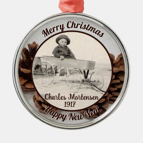 Pinecones Family Photo Name Year Merry Christmas  Metal Ornament