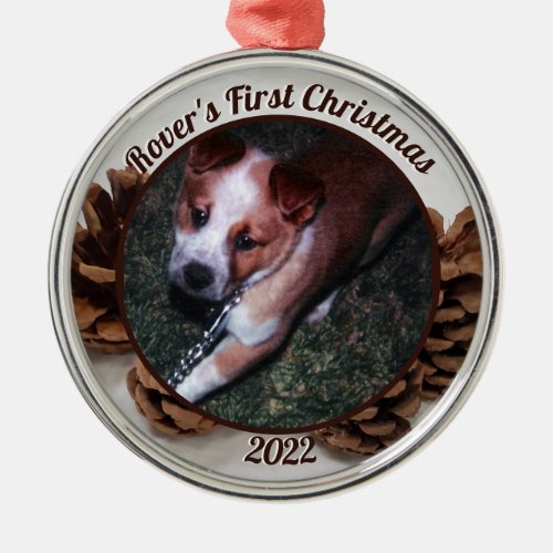 Pinecones Pets First Christmas Photo with Year Metal Ornament