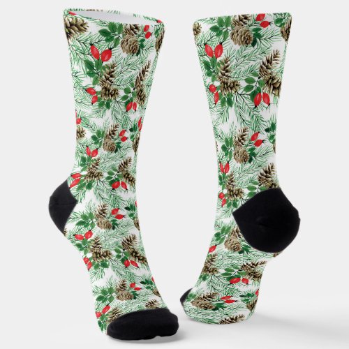 Pinecones  red berries Christmas Pattern Socks