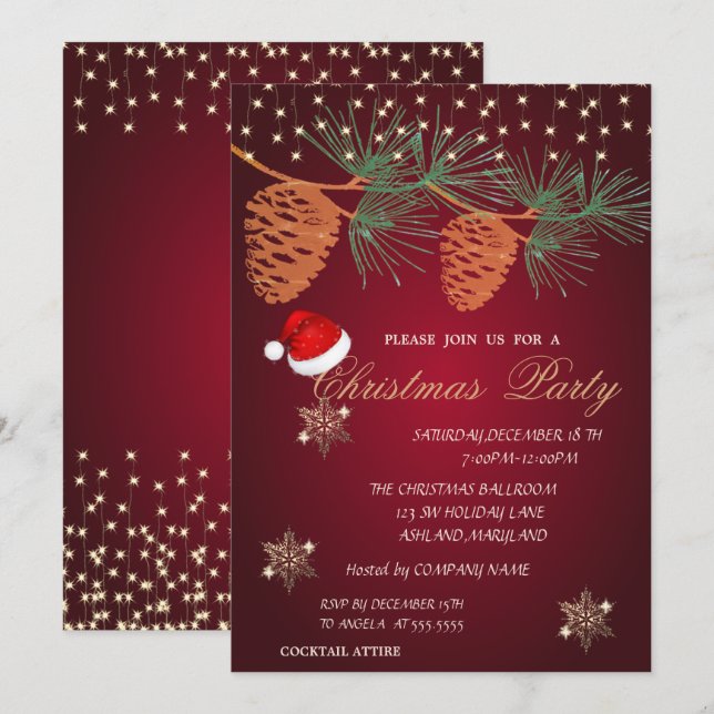 Pinecones ,Snowflakes Red Christmas Corporated Invitation (Front/Back)
