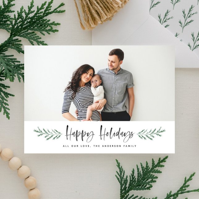 Pineneedle Happy Holidays Modern Photo Holiday Card (Creator Uploaded)
