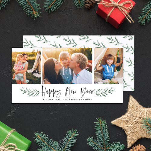 Pineneedle Happy New Year Modern 3 Photo Collage Holiday Card