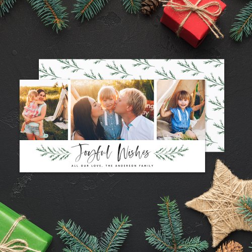 Pineneedle Joyful Wishes Modern 3 Photo Collage Holiday Card