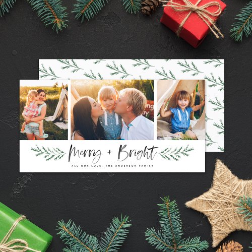 Pineneedle Merry and Bright Modern 3 Photo Collage Holiday Card