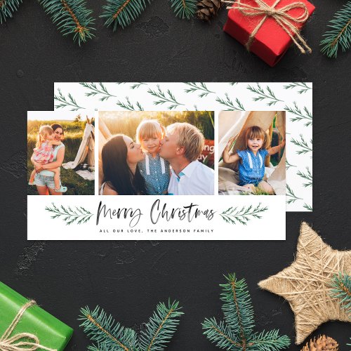 Pineneedle Merry Christmas Modern 3 Photo Collage Holiday Card
