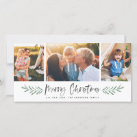 Pineneedle Merry Christmas Modern 3 Photo Collage Holiday Card