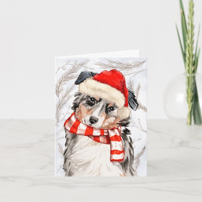 Pines and Australian Shepherd Christmas Dog Holiday Card (Front)