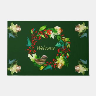 Pines and Berry Wreath Personalized Welcome  Mat