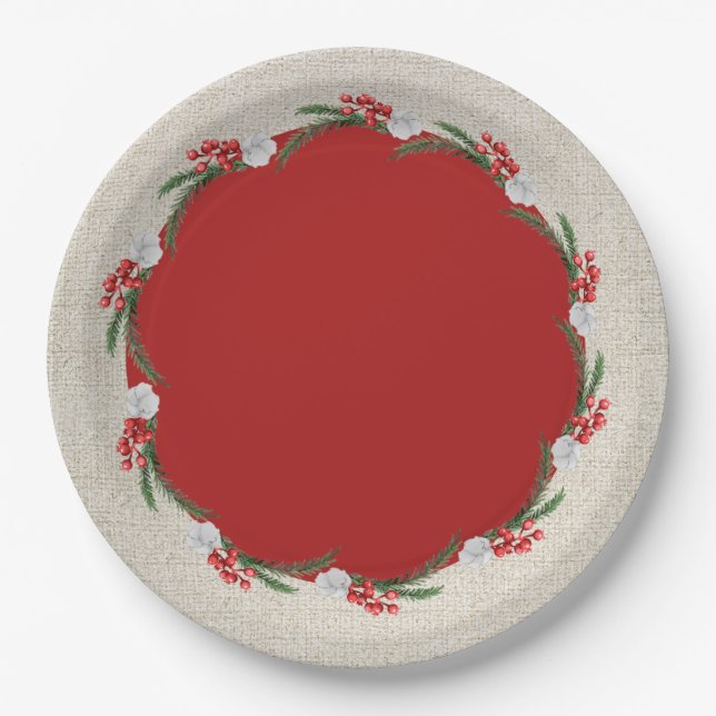 Pines Berries and Flowers Christmas Holiday Paper Plates (Front)