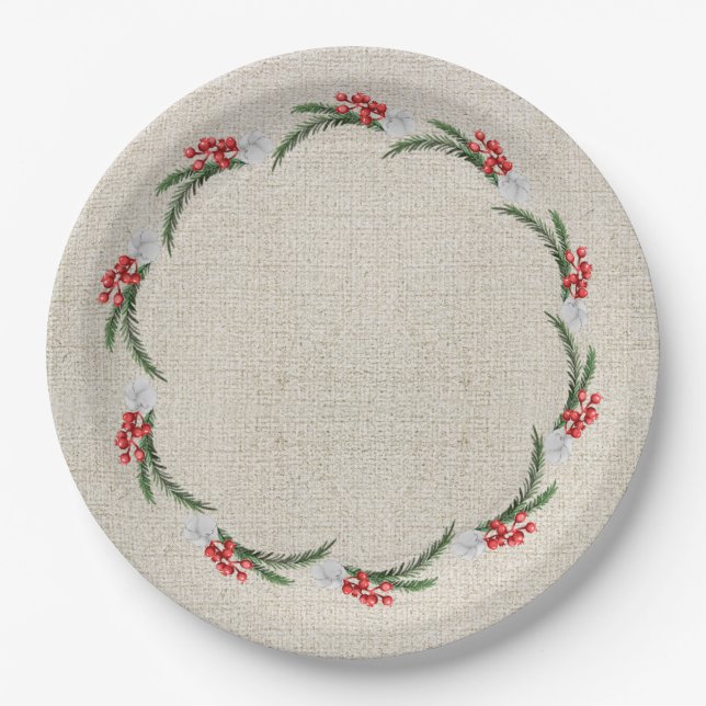 Pines Berries and Flowers Christmas Holiday Paper Plates (Front)