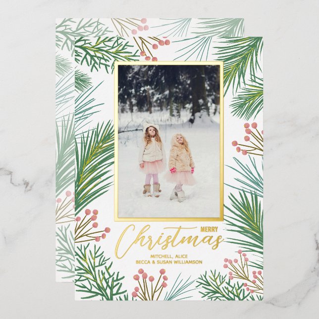 Pines Berries Christmas Photo Foil Holiday Card (Front/Back)