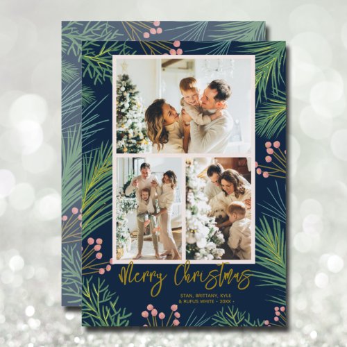 Pines Berries Multi Photo Navy Blue Christmas Holiday Card