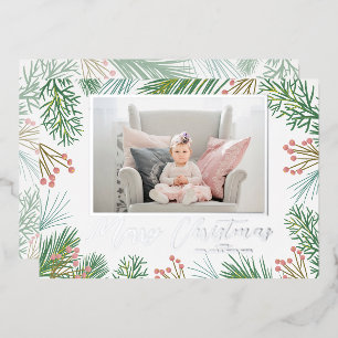 Pines Berries Navy Blue Christmas Photo Foil Holiday Card