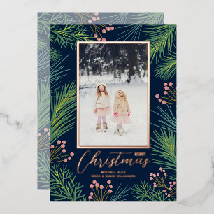 Pines Berries Navy Blue Christmas Photo Foil Holiday Card