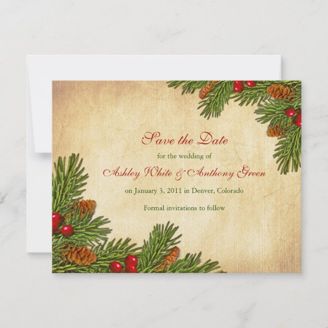 Pines Boughs Holiday Winter Wedding Save the Date (Front)