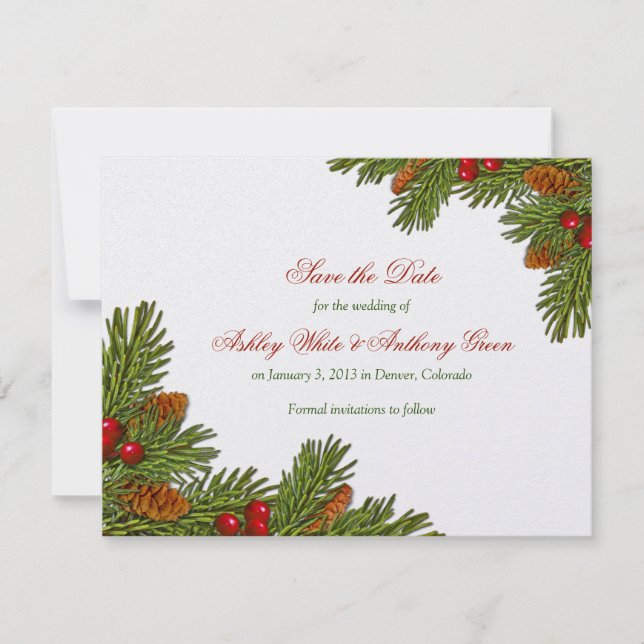 Pines Boughs Xmas Winter Wedding Save the Date (Front)