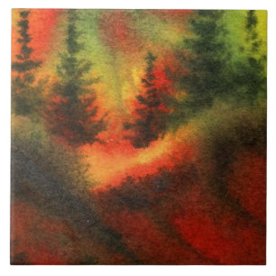 Pines on a hill with intense misty sunset colors ceramic tile