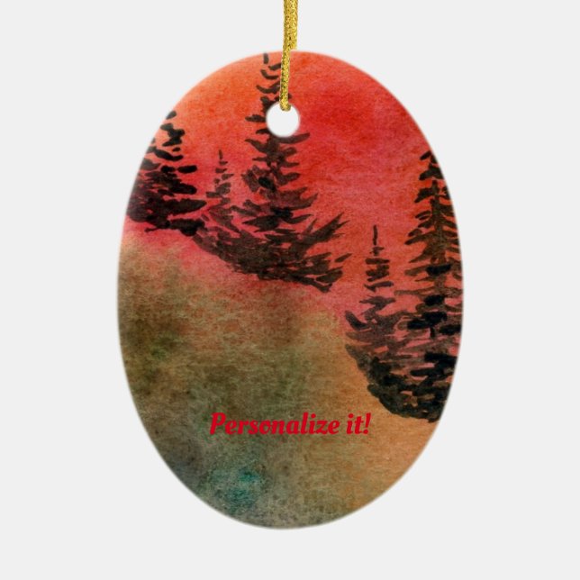 Pines on a hill with soft red sunset ceramic ornament (Front)