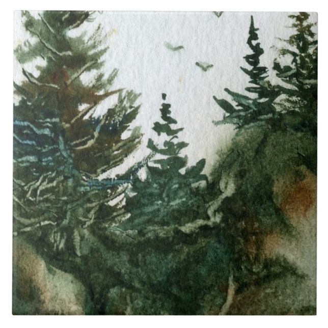Pines on rocks with birds in flight country ceramic tile (Front)