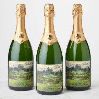 Pines painting watercolor sparkling wine label