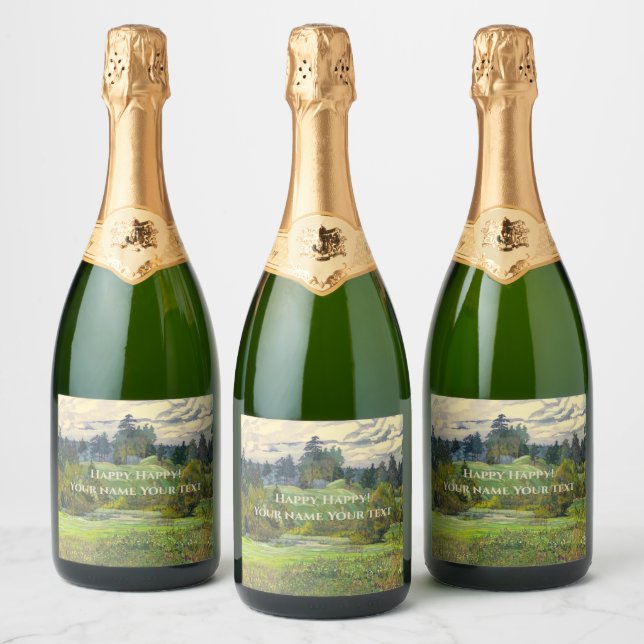Pines painting  watercolor sparkling wine label (Bottles)