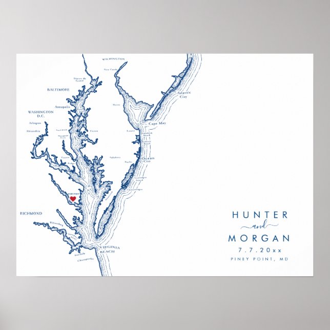 Piney Point MD Wedding Modern Map Guestbook Poster (Front)