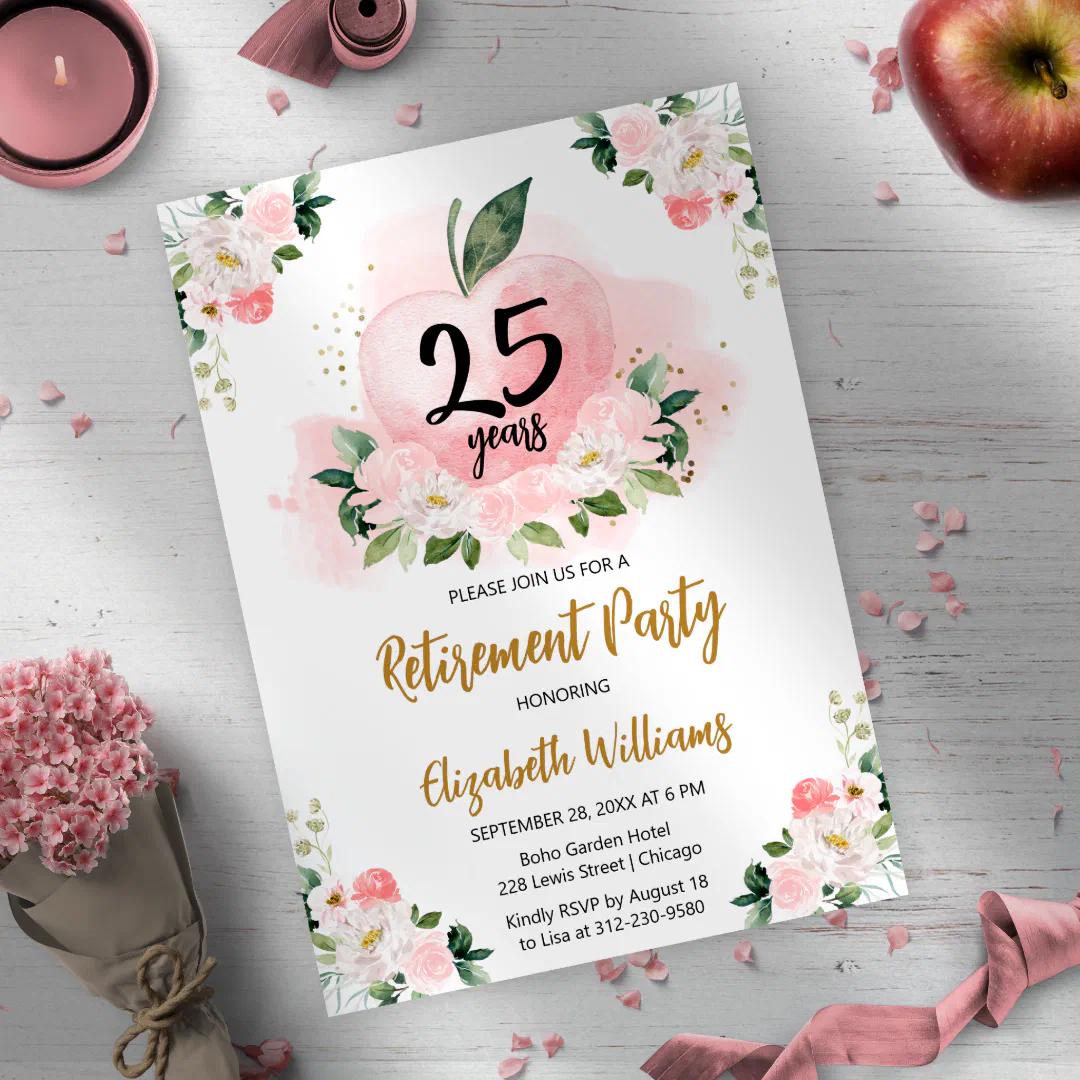 Ping Gold Apple Floral Teacher Retirement Party Invitation (Creator Uploaded)