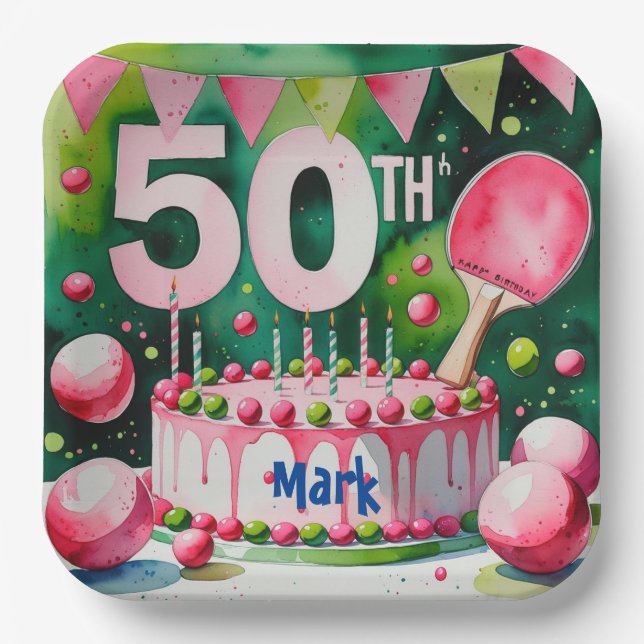  Ping pong 50th Birthday with cake Paper Plates (Front)