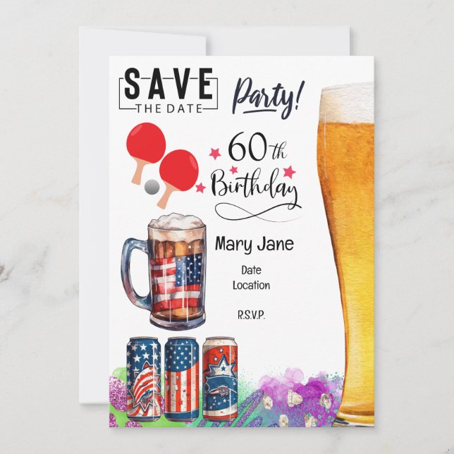 Ping pong 60th Birthday with paddle and Beer Invitation (Front)