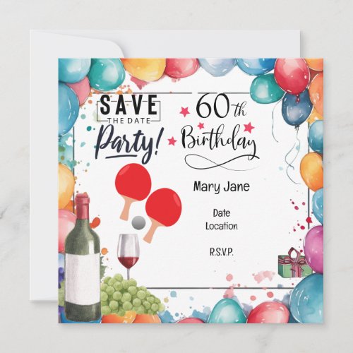 Ping pong 60th Birthday with paddle and Beer Save The Date