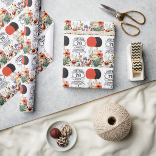 Ping pong 70th Birthday with paddle and flower Wrapping Paper