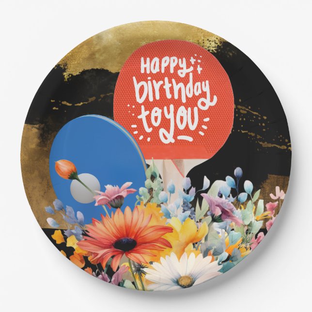 Ping pong  Birthday with paddle and flower Paper Plates (Front)