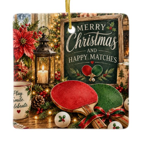 Ping Pong Paddle and ball with Christmas themed Ceramic Ornament