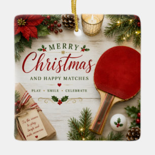 Ping Pong Paddle and ball with Christmas themed Ceramic Ornament