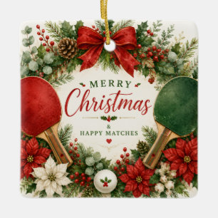 Ping Pong Paddle and ball with Christmas themed Ceramic Ornament